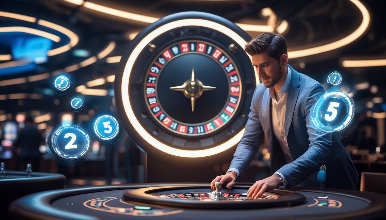 Seorang pemain sedang memasang taruhan di meja roulette dengan roda roulette yang menyala dan efek petir di latar belakang kasino.