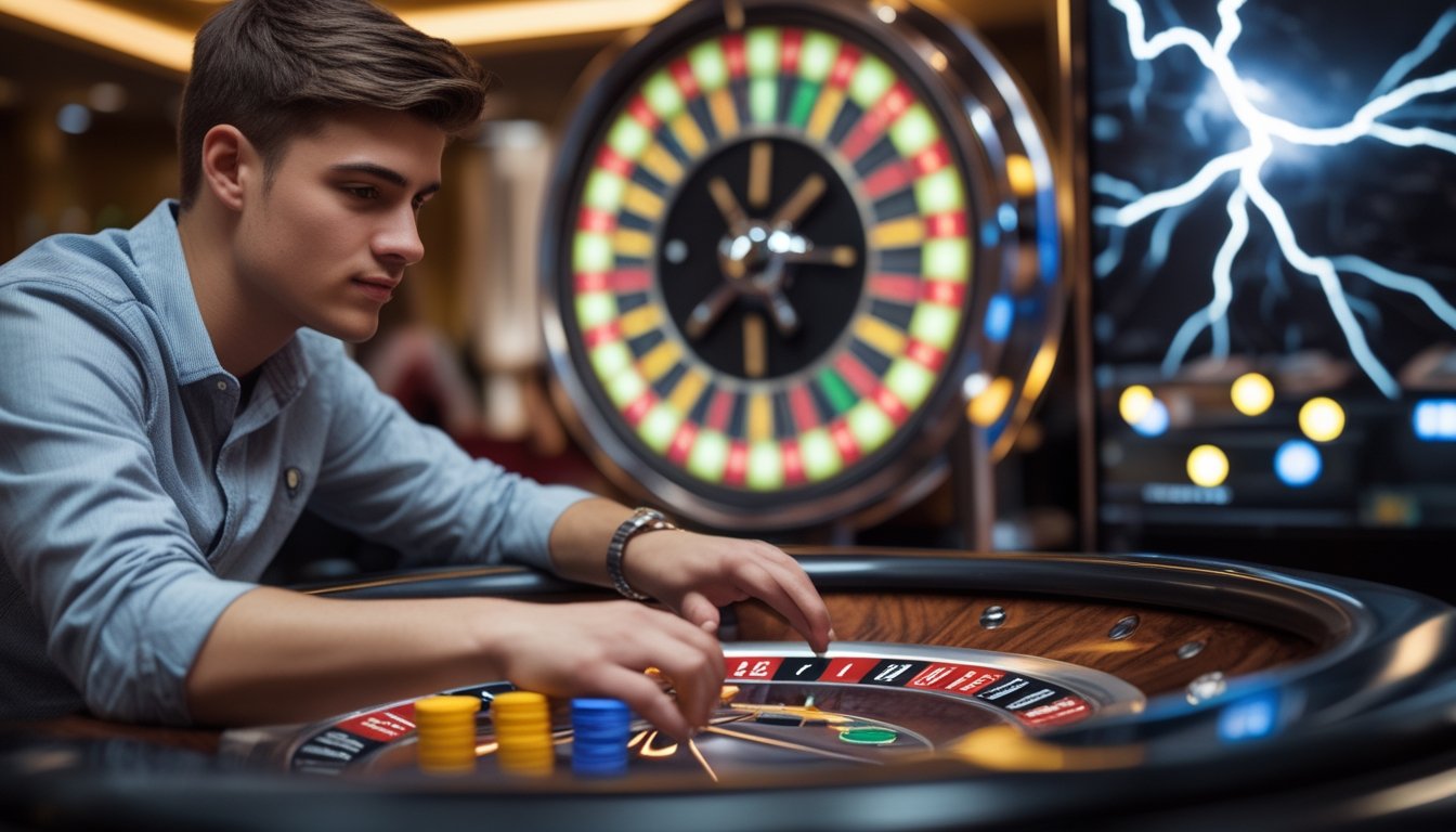 Seorang pemula sedang bermain Lightning Roulette di meja kasino dengan roda roulette dan suasana yang penuh semangat.