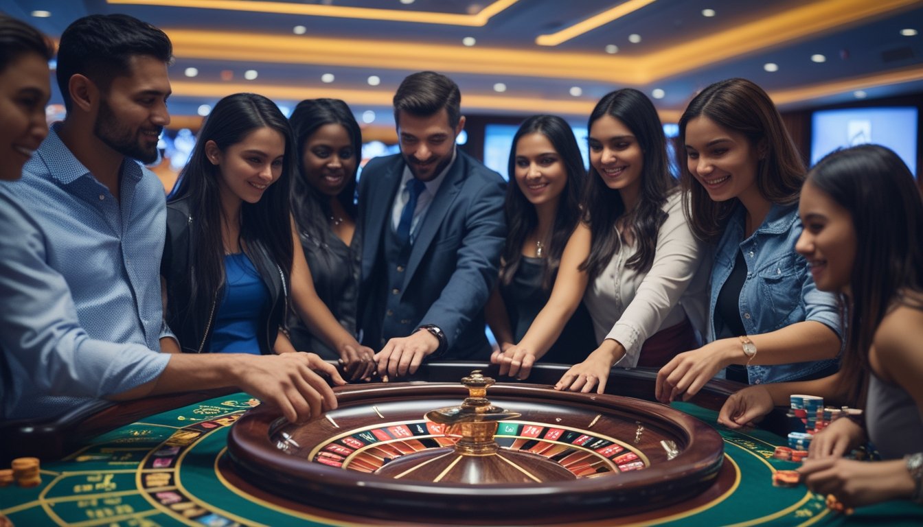 Beberapa orang pemula sedang belajar bermain Lightning Roulette di meja kasino dengan roda roulette yang berputar dan dealer yang membimbing mereka.