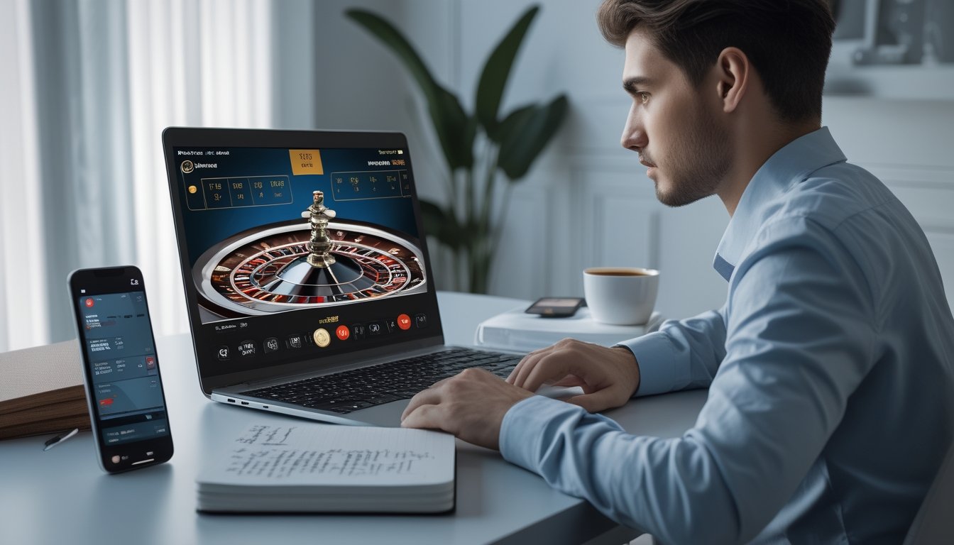 Seorang pria muda duduk di meja dengan laptop yang menampilkan permainan roulette online, terlihat fokus dan serius mengelola modal bermain.
