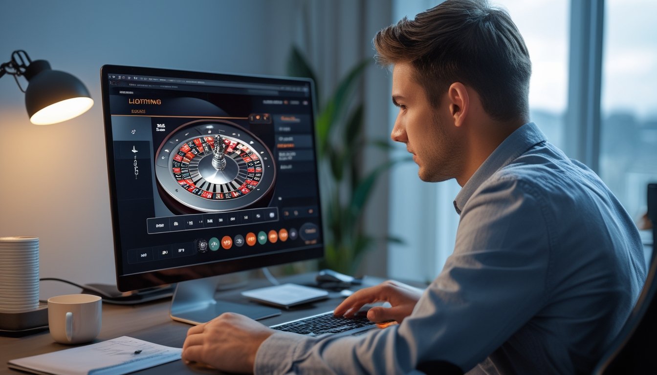 Seorang pria muda fokus mengelola modal saat bermain Lightning Roulette di laptop di ruang kerja rumah yang modern.