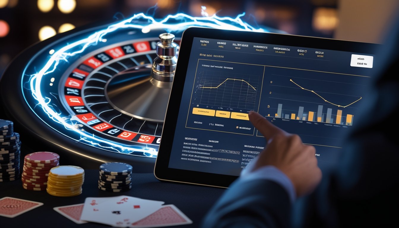 Sebuah roda Lightning Roulette berputar dengan efek petir, di depan layar digital yang menampilkan grafik dan data analisis permainan di kasino modern.