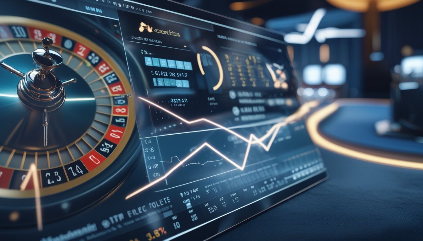 Pemandangan dekat roda roulette modern dengan efek petir dan grafik statistik probabilitas kemenangan di latar belakang kasino.