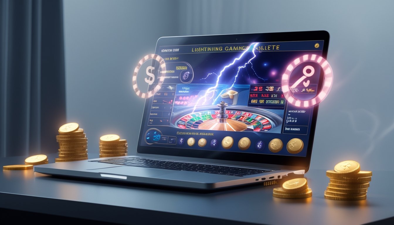 Seorang pengguna sedang bermain Lightning Roulette online dengan tampilan komputer yang menampilkan roda roulette dan simbol bonus cashback di sekitar layar.