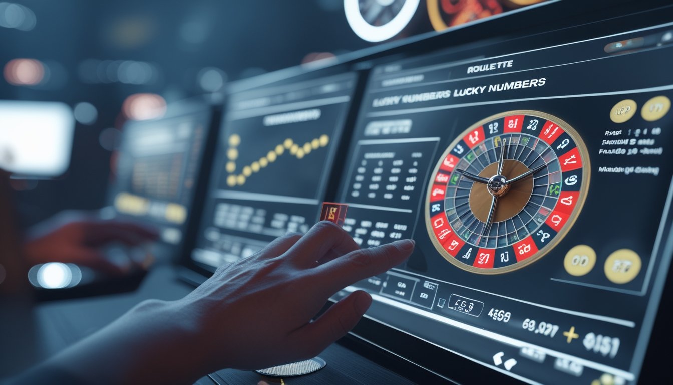 Tangan seseorang sedang menganalisis pola angka pada layar digital di lingkungan kasino dengan roda roulette dan chip di latar belakang.
