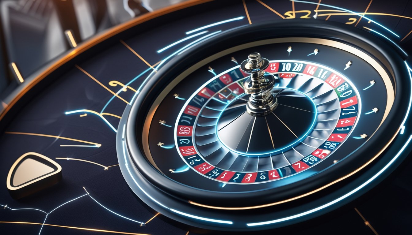 Close-up roda roulette dengan efek petir dan pola angka yang menyala, di latar kasino modern.