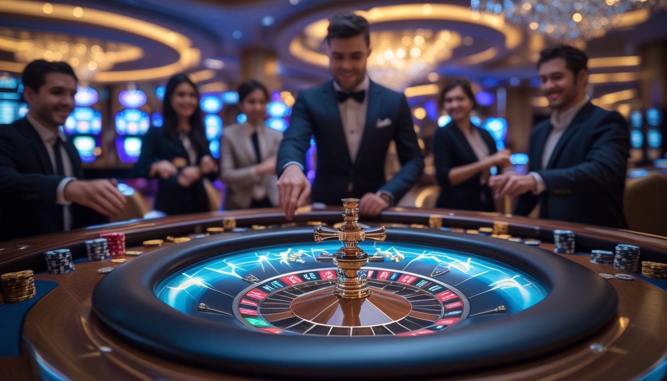 Meja roulette Lightning yang modern dengan pemain dan croupier di kasino yang mewah.