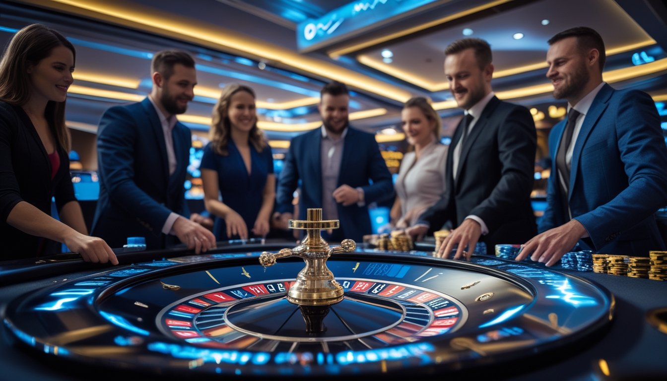 Meja roulette dengan efek petir di kasino modern, dikelilingi pemain yang antusias dan dealer yang sedang mengelola permainan.