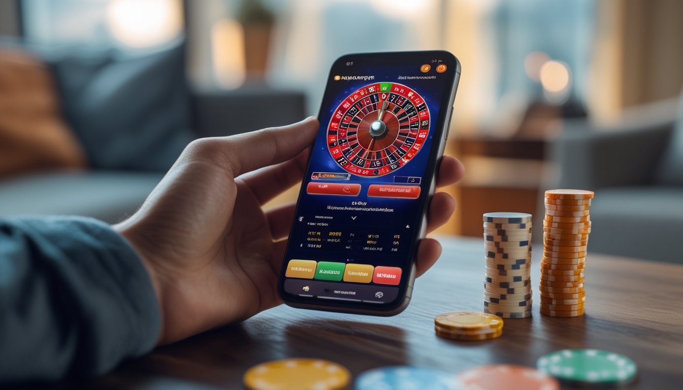 Seseorang memegang smartphone yang menampilkan permainan Lightning Roulette dengan chip kasino di meja dekatnya.