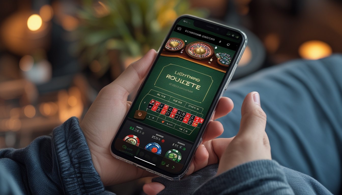 Seseorang memegang smartphone yang menampilkan permainan Lightning Roulette dengan antarmuka kasino online.