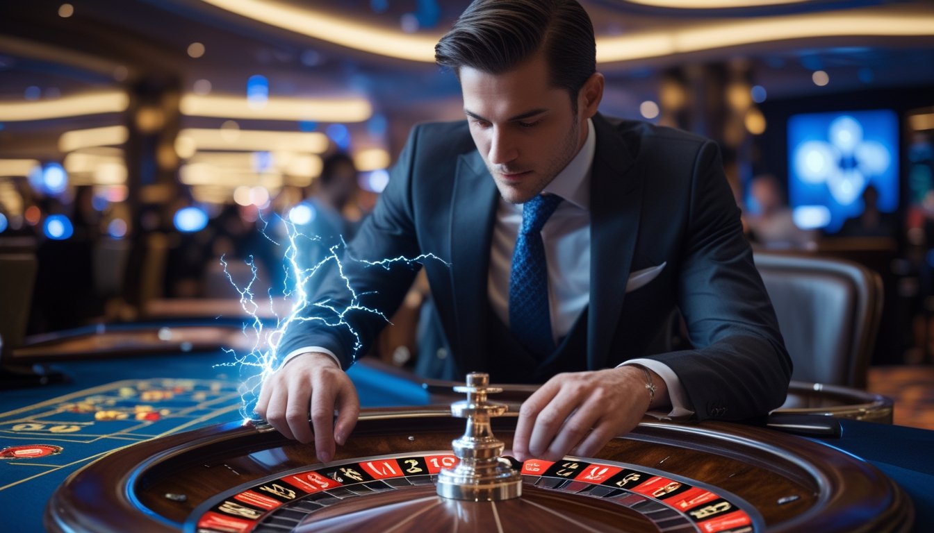 Seorang pemain berpakaian rapi sedang bermain Lightning Roulette di meja kasino dengan roda roulette berputar dan efek cahaya listrik.