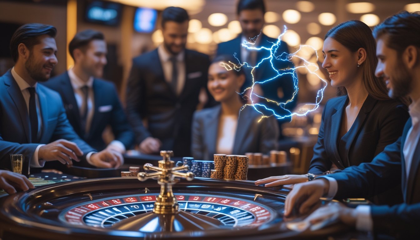 Beberapa pemain yang fokus bermain roulette di meja kasino dengan efek cahaya petir di sekitar roda roulette.