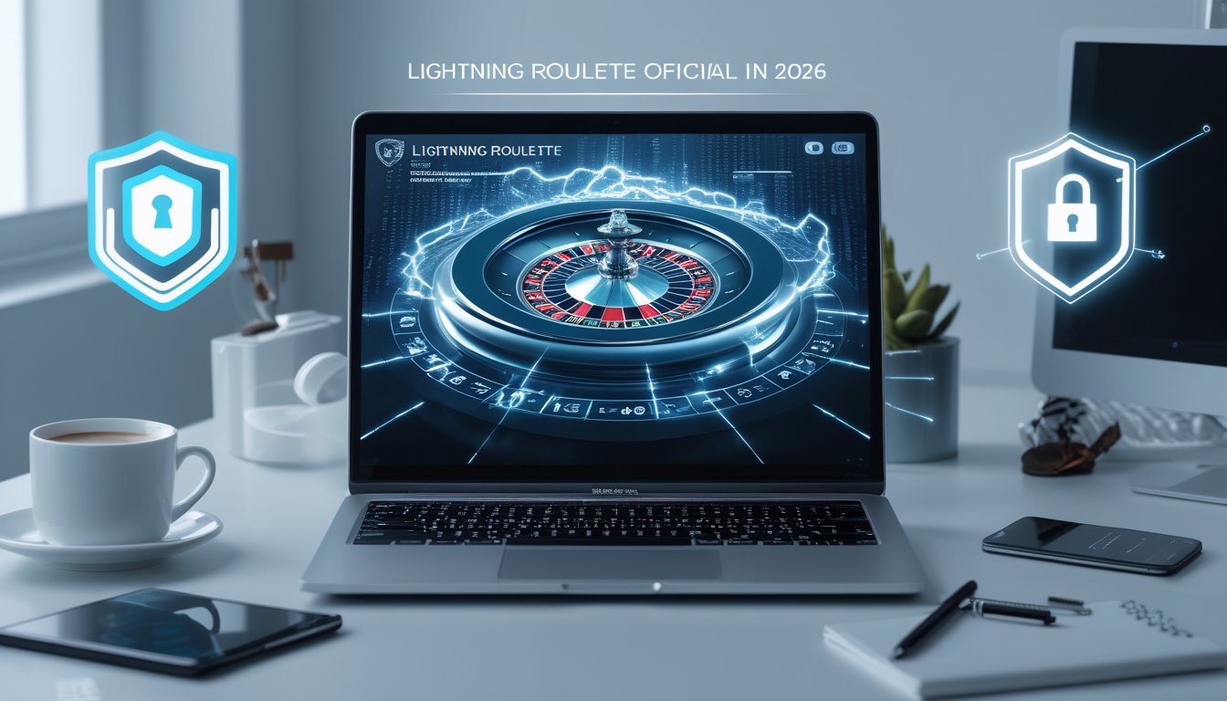 Seorang pengguna di depan laptop yang menampilkan roda roulette dengan efek petir, dikelilingi ikon keamanan seperti gembok dan perisai di meja kerja yang rapi.