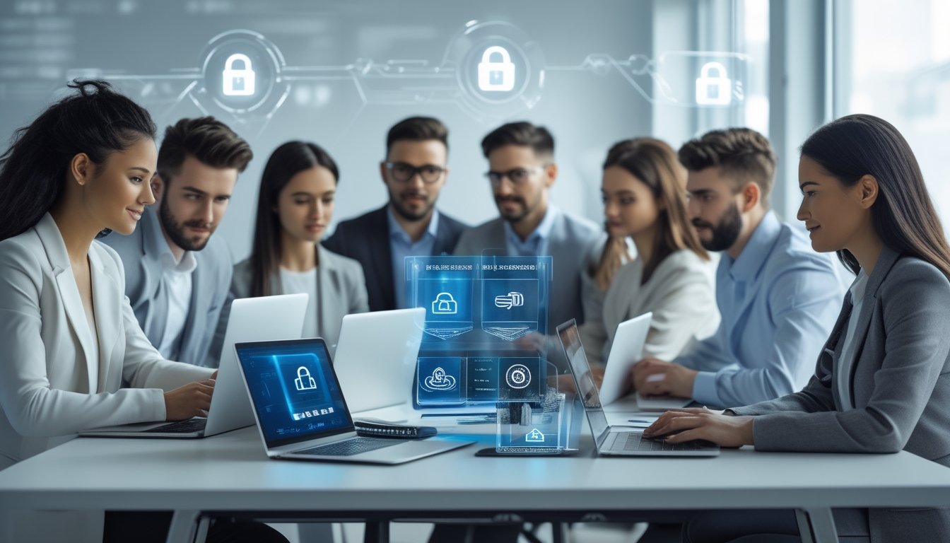 Sekelompok profesional muda sedang bekerja bersama dengan perangkat digital yang menampilkan simbol keamanan dan perlindungan data di sebuah kantor modern.