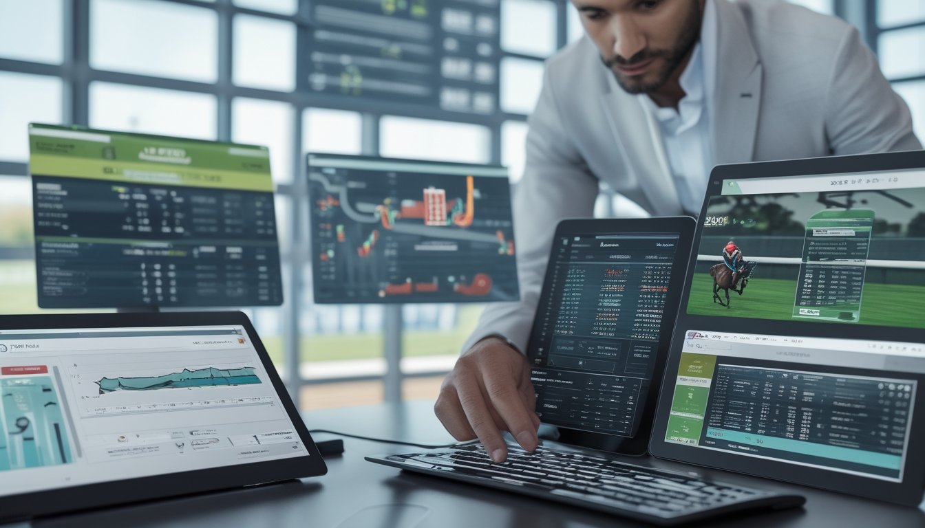 Seorang individu sedang menganalisis data statistik pacuan kuda di ruang kerja modern dengan layar digital dan latar belakang pacuan kuda.