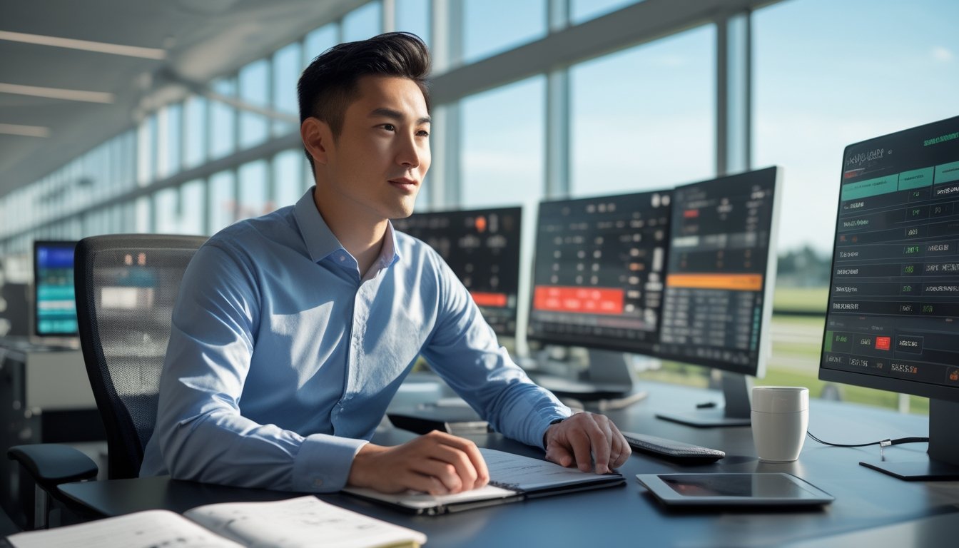 Seorang pria duduk di meja dengan beberapa layar komputer menampilkan data dan grafik pacuan kuda, di latar belakang terlihat lintasan pacuan kuda.