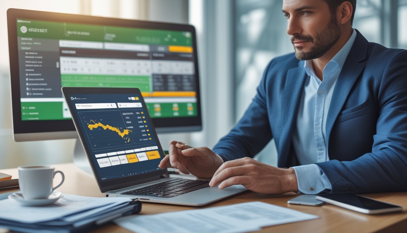 Seseorang sedang menganalisis pilihan taruhan pacuan kuda di laptop di sebuah kantor terang dengan layar digital menampilkan statistik dan peluang taruhan.