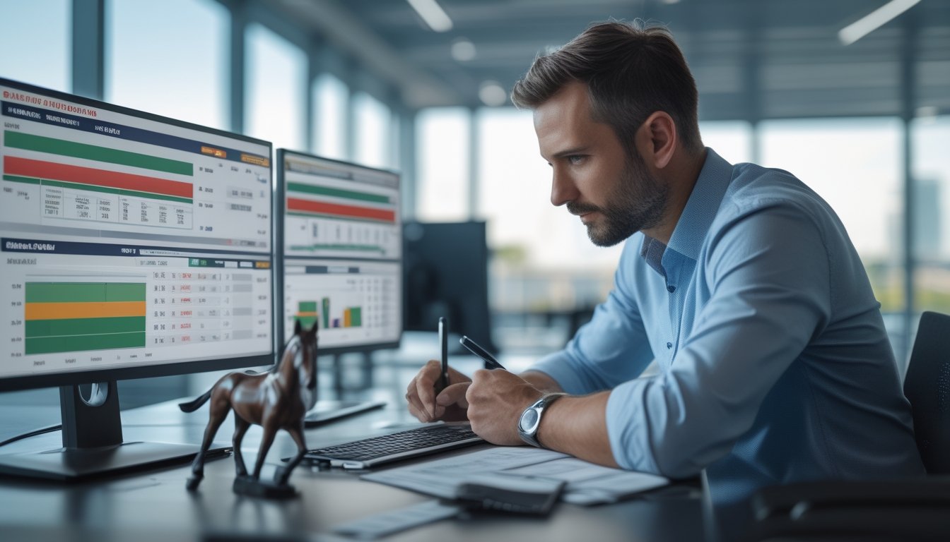 Seorang pria sedang menganalisis data taruhan pacuan kuda di depan beberapa layar komputer di kantor modern.