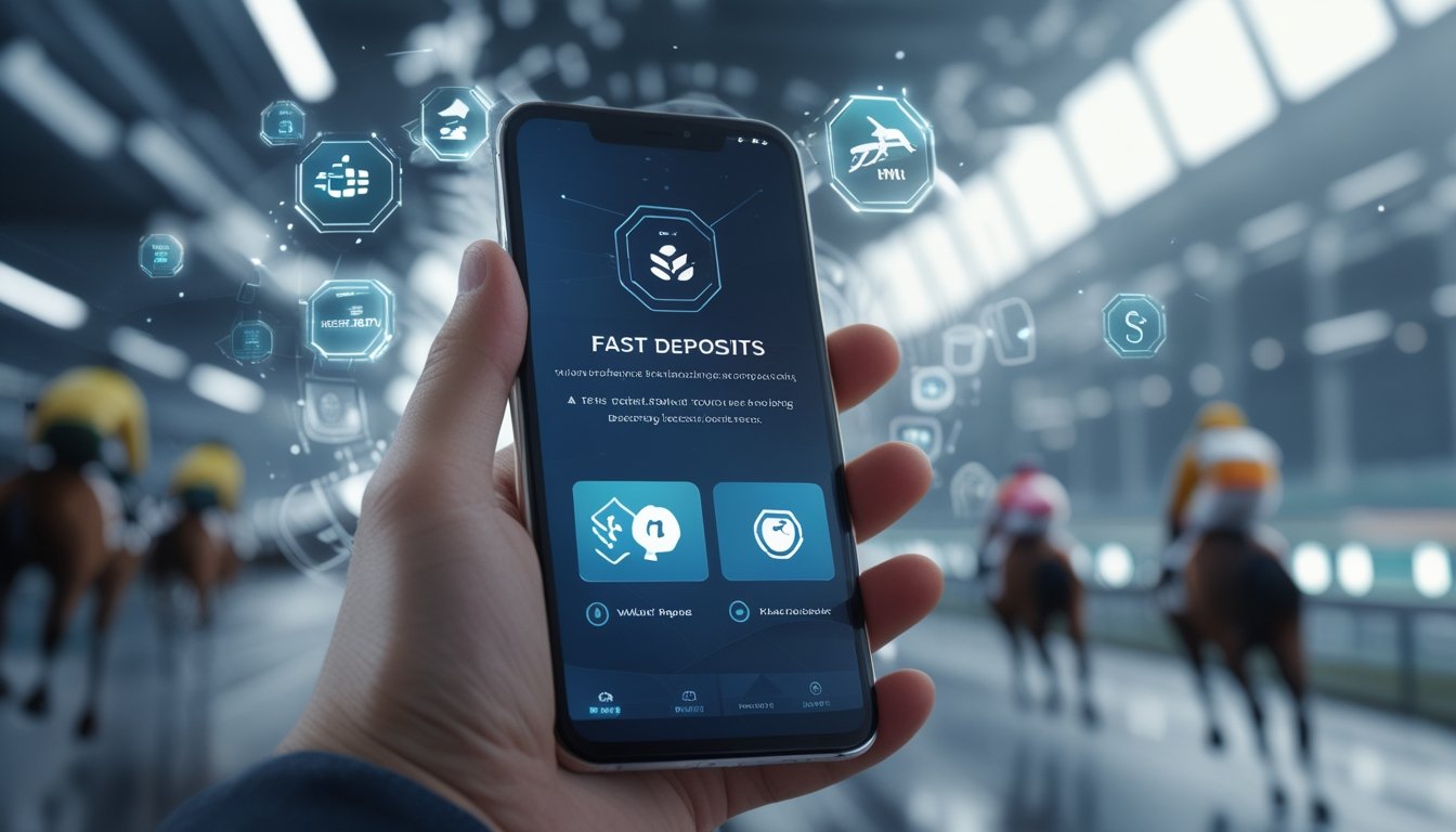 Seorang tangan memegang ponsel yang menampilkan aplikasi e-wallet dengan latar belakang yang menggambarkan pacuan kuda.