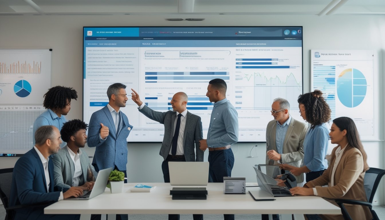 Sekelompok orang berdiskusi di kantor modern dengan layar digital menampilkan data dan statistik pacuan kuda.