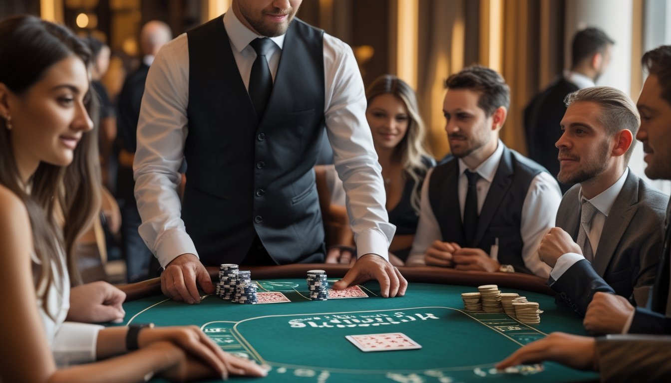 Seorang dealer dan beberapa pemain duduk di meja Blackjack Switch di kasino, fokus pada kartu dan chip saat mereka membuat keputusan.