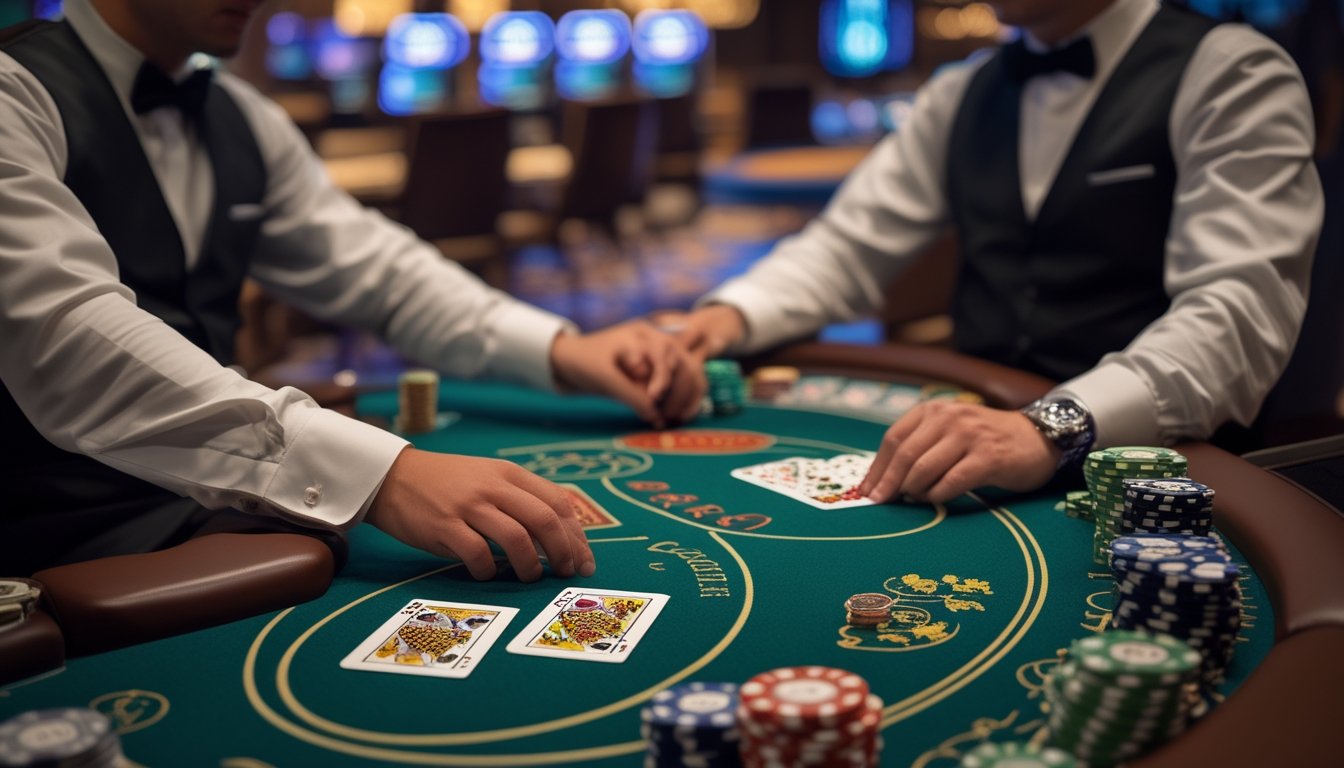 Seorang pemain dan dealer sedang bermain Blackjack Switch di meja kasino dengan kartu dan chip di atas meja.