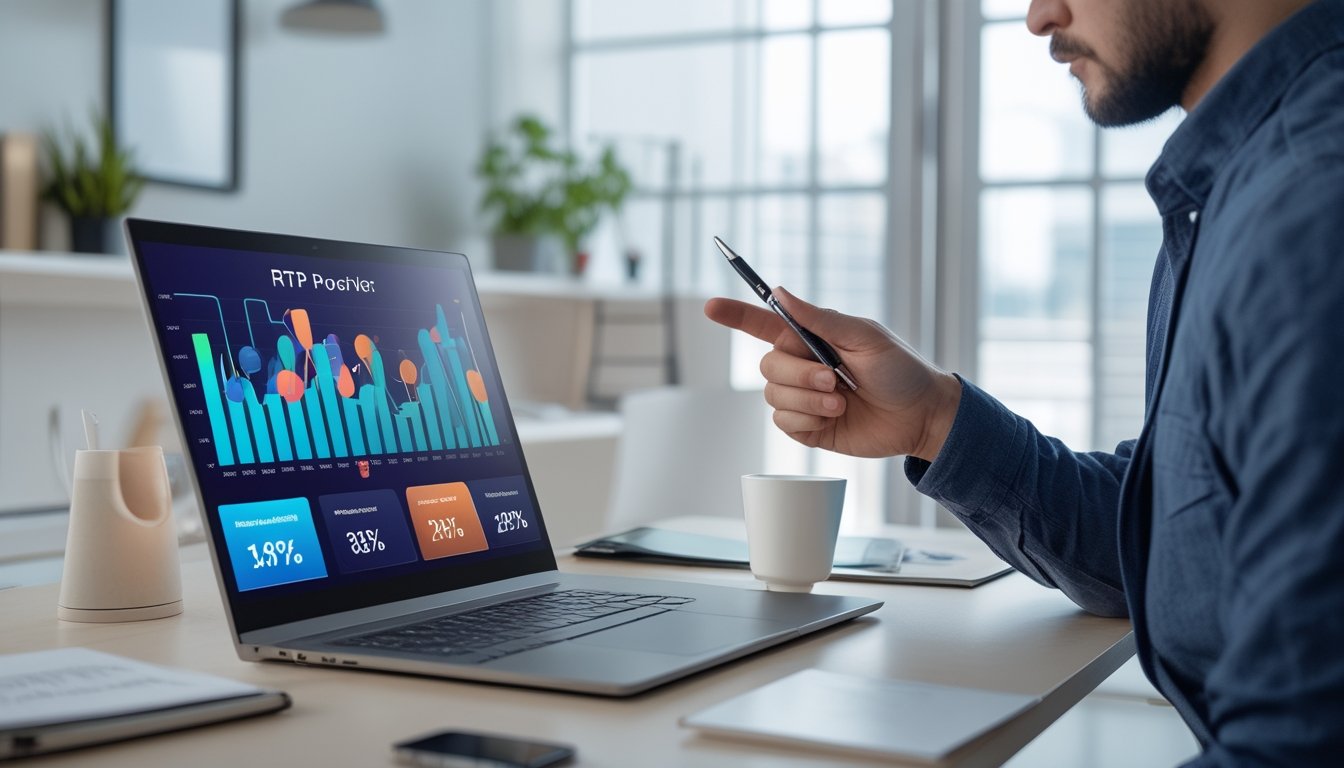 Seorang pria di ruang kerja modern melihat grafik RTP tertinggi dari berbagai penyedia game online di layar laptop.