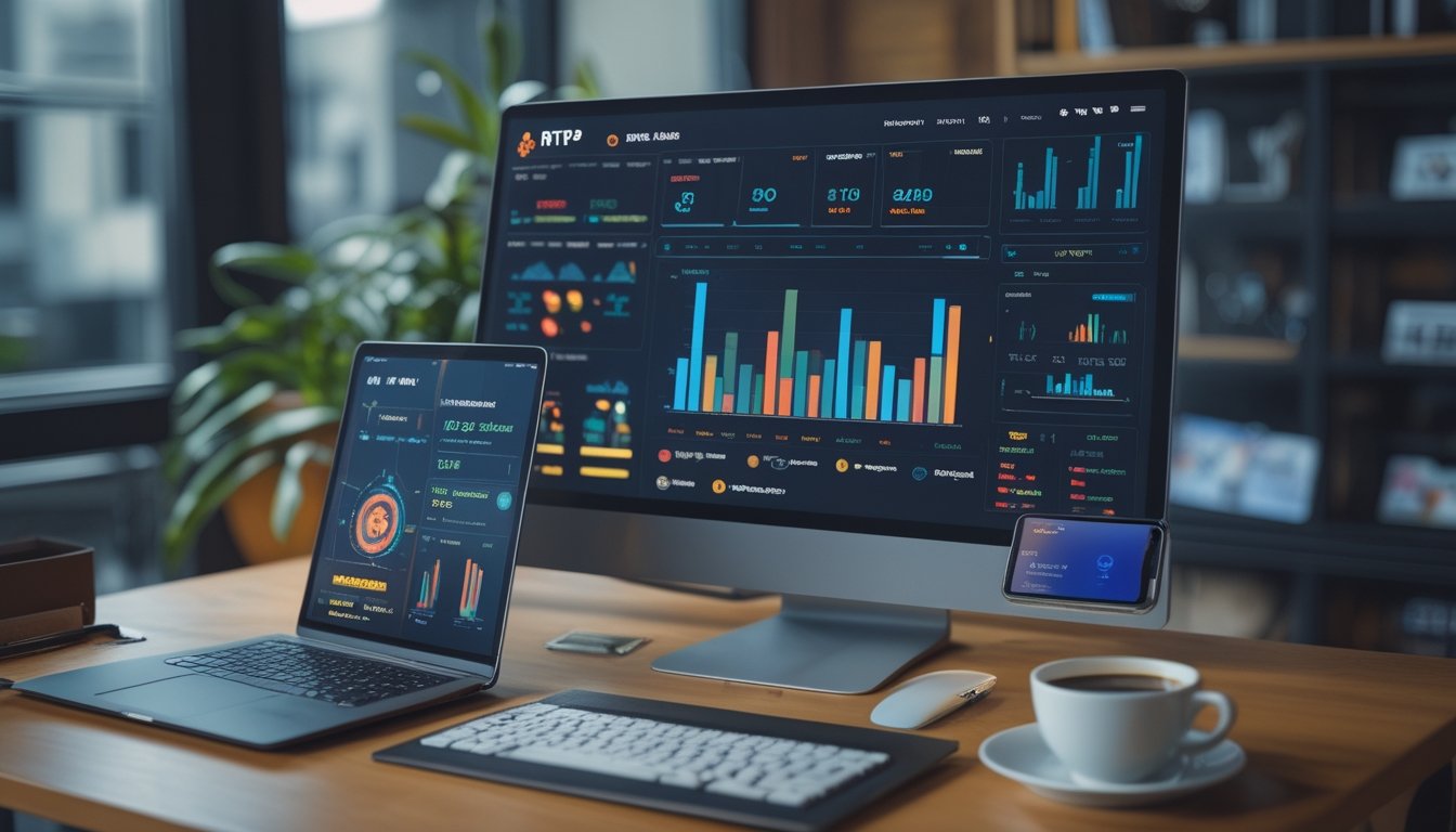 Meja kerja dengan laptop dan monitor yang menampilkan grafik RTP slot online, ponsel dengan data waktu nyata, dan cangkir kopi.
