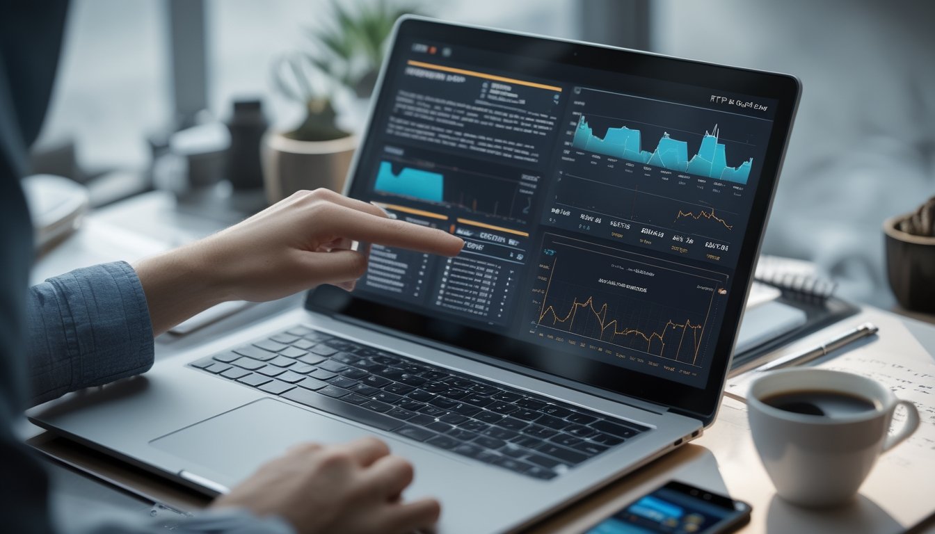 Seseorang sedang menganalisis data statistik RTP di laptop di meja kerja yang rapi dengan catatan dan ponsel di sekitarnya.