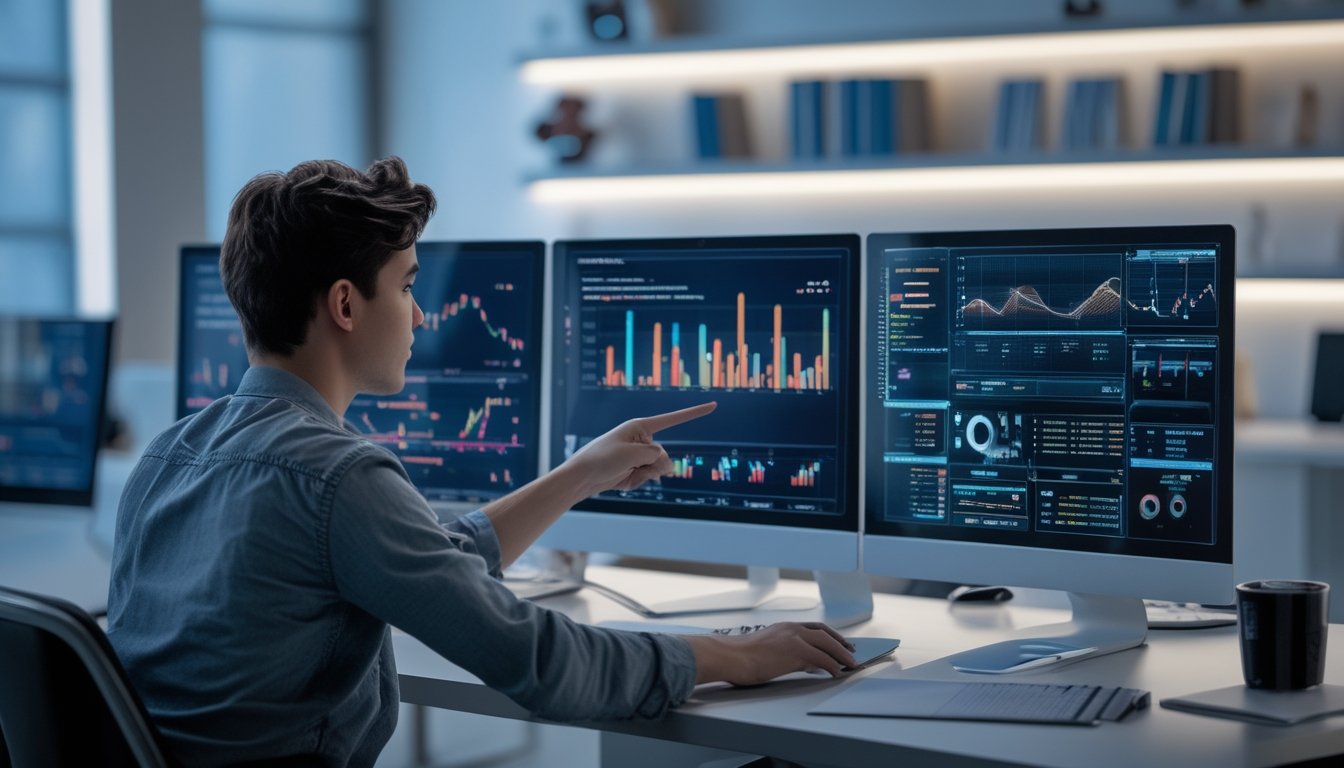Seorang pria muda sedang menganalisis data grafik dan statistik di beberapa layar komputer di ruang kantor modern.