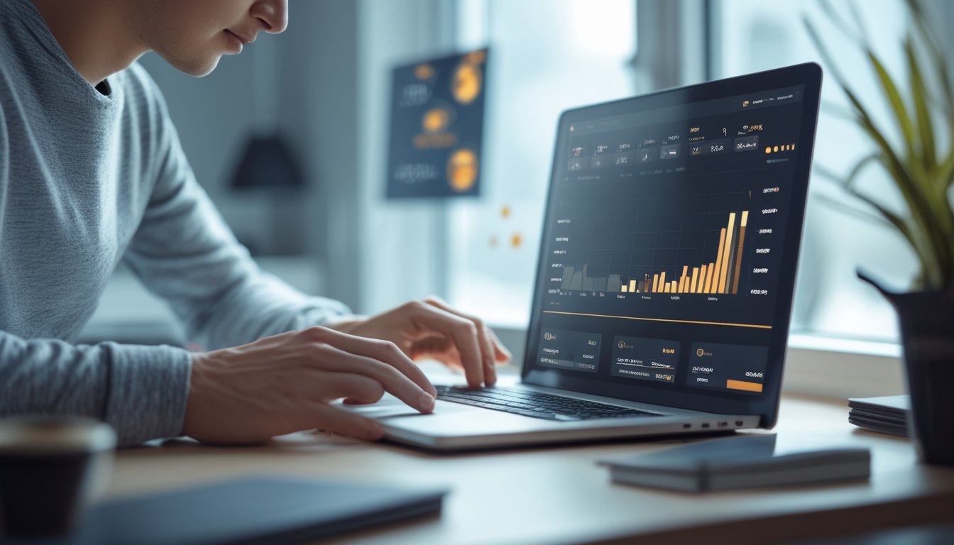 Seorang dewasa muda sedang fokus menggunakan laptop di meja kerja dengan grafik dan statistik di layar, menunjukkan suasana belajar tentang perubahan RTP online.