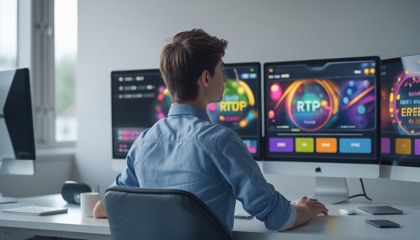 Seorang pemain muda duduk di meja kerja dengan monitor beberapa komputer yang menampilkan grafik permainan online, tampak fokus dan serius mempelajari data RTP.