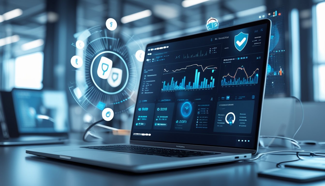 Sebuah ruang kerja modern dengan laptop yang menampilkan dashboard data dan ikon keamanan, menggambarkan layanan RTP online yang terpercaya dan terupdate.