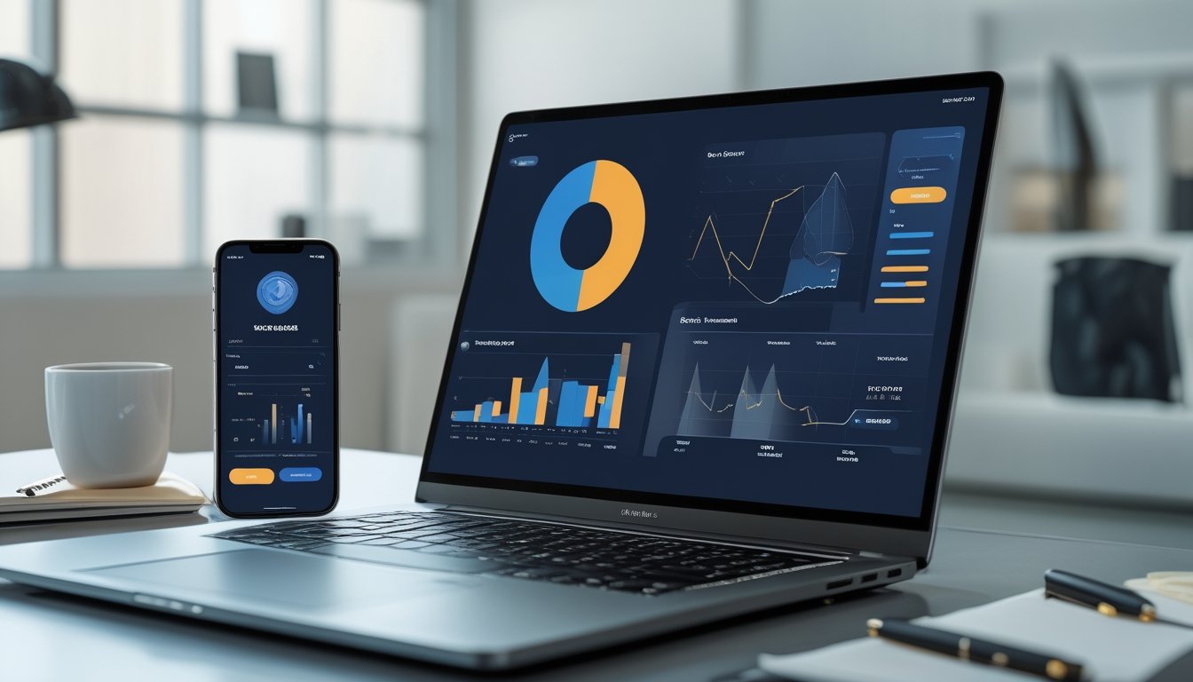 Meja kerja modern dengan laptop menampilkan grafik data dan smartphone dengan antarmuka situs aman, menggambarkan layanan RTP online yang terpercaya.