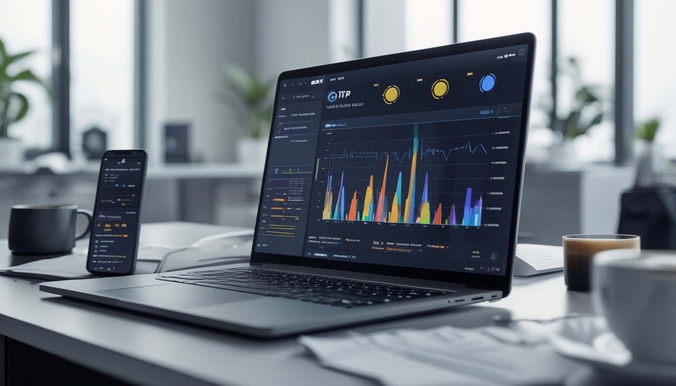 Seorang profesional sedang bekerja di depan laptop dengan grafik dan data statistik di layar dalam sebuah ruangan kantor yang rapi.