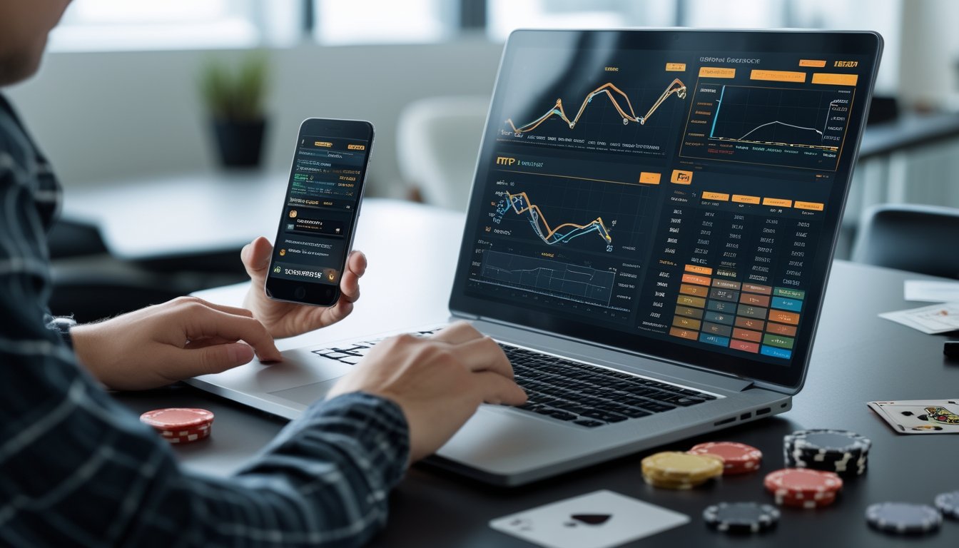 Meja kerja dengan laptop dan ponsel menampilkan grafik data RTP dan mesin slot digital, tangan seseorang sedang berinteraksi dengan perangkat tersebut.