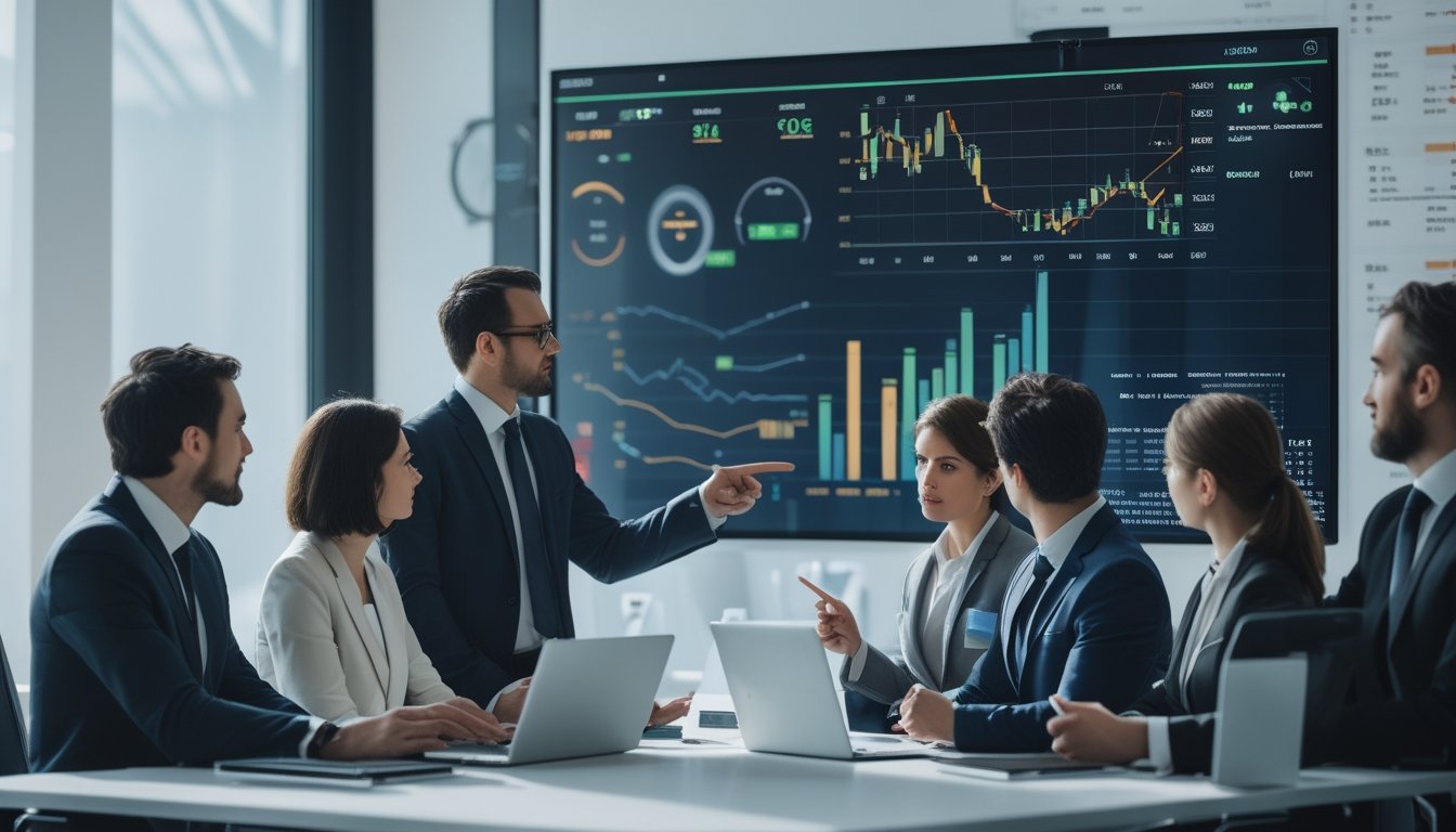 Sekelompok profesional sedang berdiskusi di ruang kantor modern dengan layar besar yang menampilkan grafik dan statistik terkait strategi taruhan online.