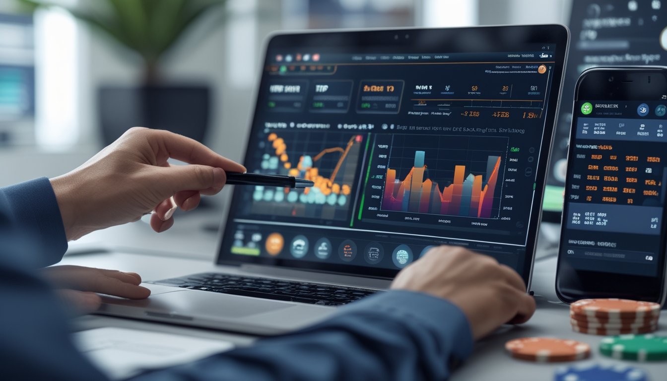 Seorang pria sedang menganalisis data RTP pada layar laptop di meja kerja dengan chip poker dan kartu bermain di sekitarnya.