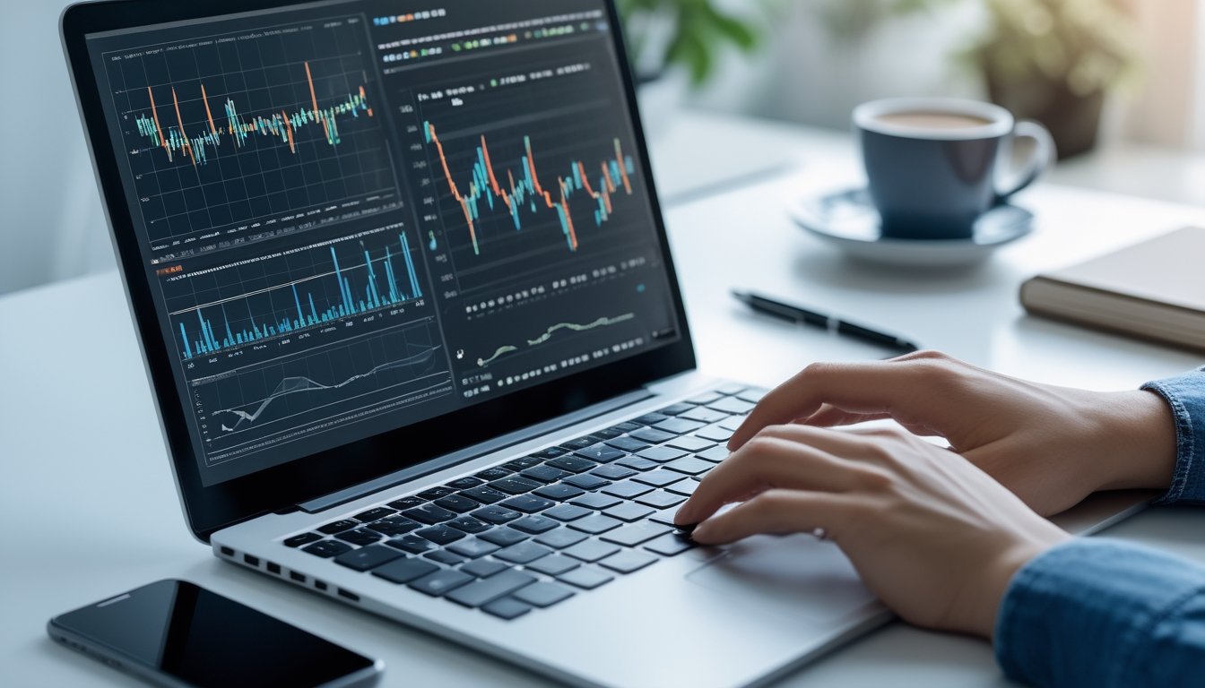 Seseorang menggunakan laptop dengan grafik data di layar di meja kerja yang rapi dan terorganisir.