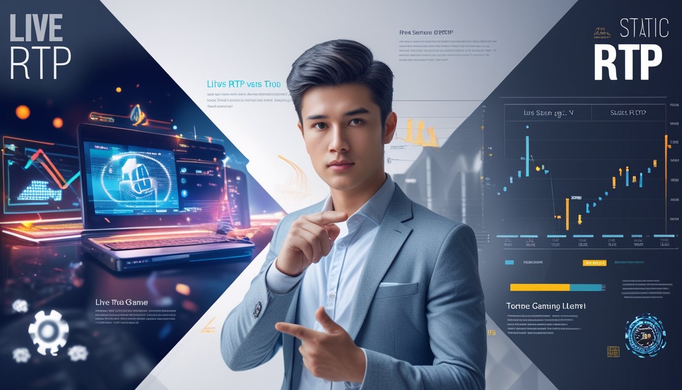Seorang profesional sedang membandingkan dua jenis RTP dalam permainan online dengan latar belakang grafik dan elemen digital yang berbeda di kedua sisi.