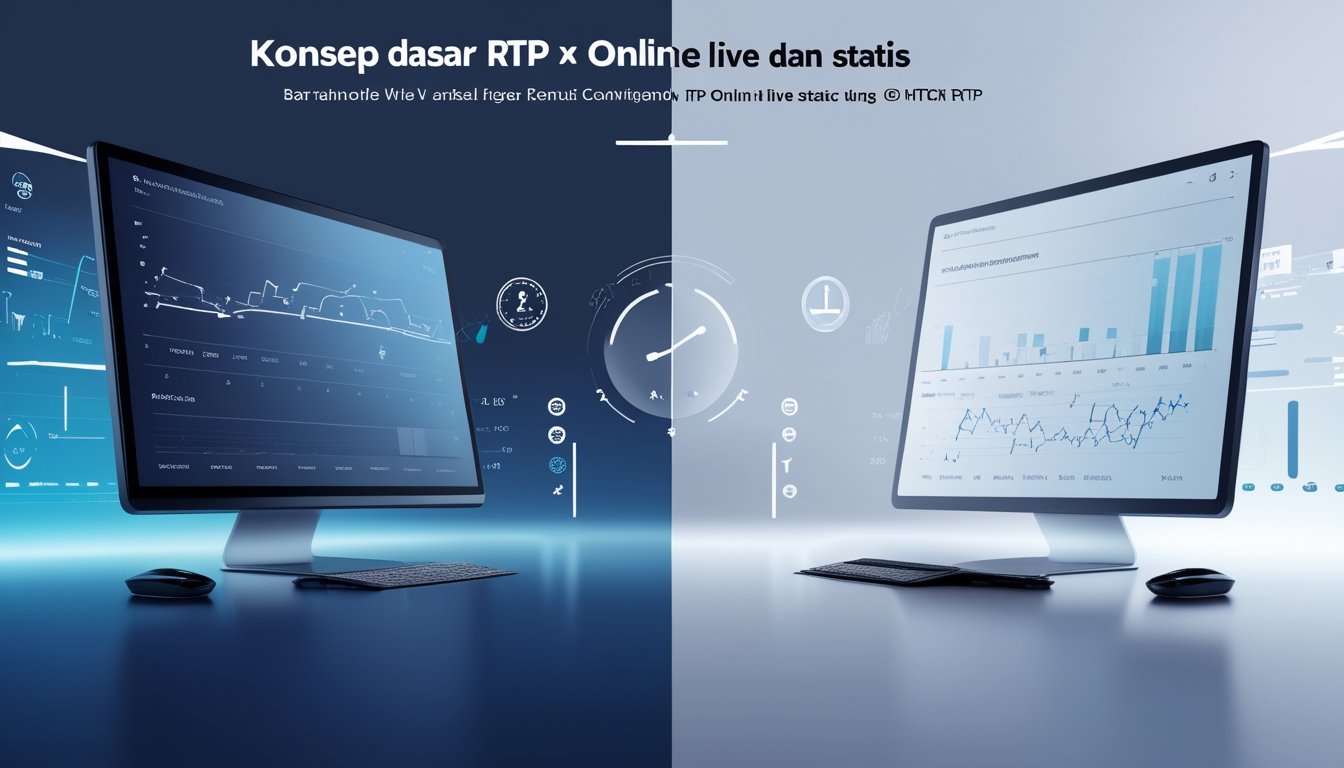 Tampilan antarmuka digital yang terbagi menjadi dua bagian, satu menampilkan data waktu nyata dan satu lagi data statistik, menggambarkan perbedaan antara RTP Online Live dan RTP Statis.