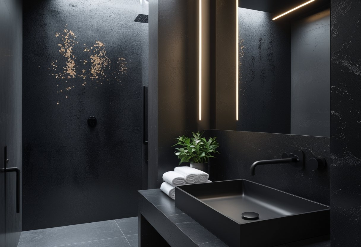 10 Stunning Black Bathroom Ideas For A Chic And Low Maintenance Space 9 black bathroom ideas textured black wallpaper metallic flecks accent wall luxury design