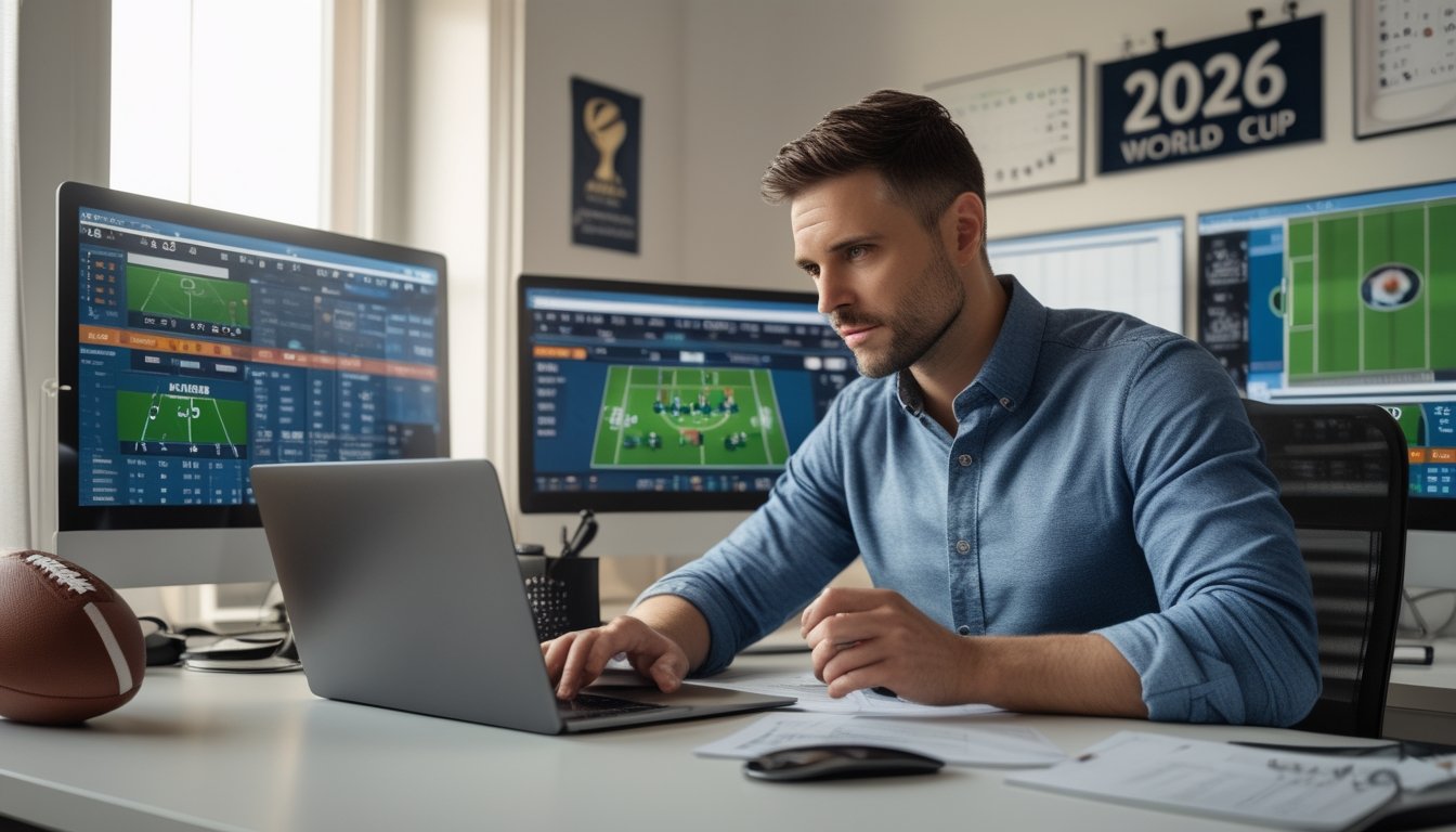 Seorang pria duduk di meja dengan beberapa layar komputer yang menampilkan pertandingan sepak bola dan peluang taruhan, di ruang kerja yang rapi dan terang dengan dekorasi sepak bola.