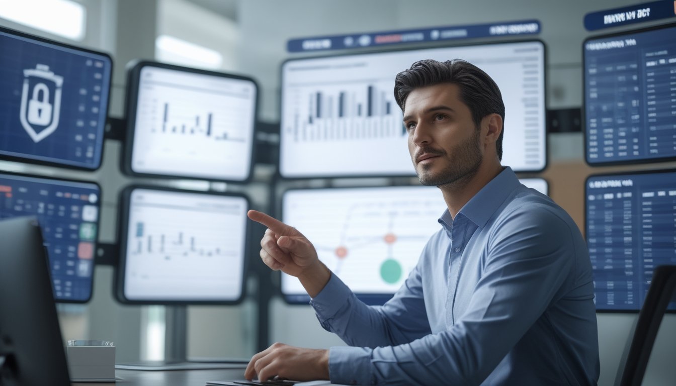 Seorang pria percaya diri sedang menganalisis data taruhan sepak bola di kantor modern dengan layar digital besar.