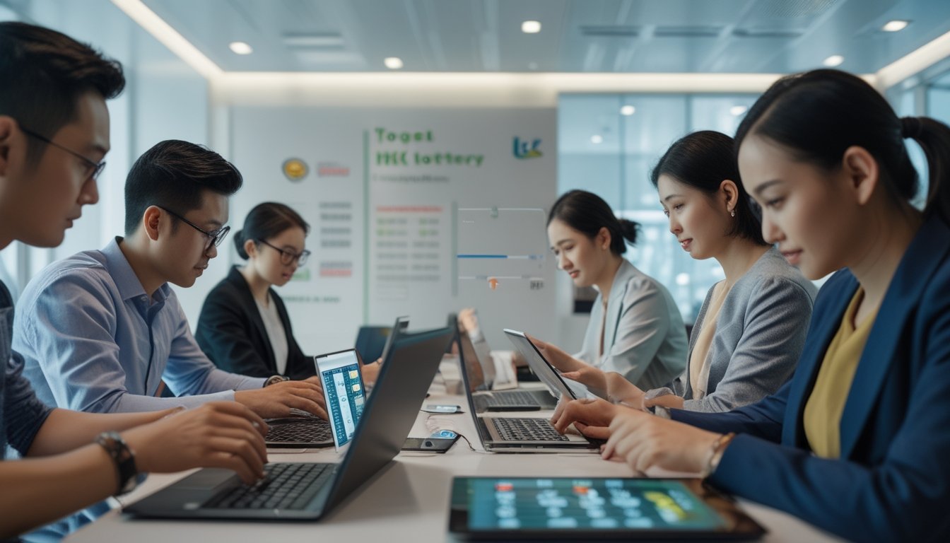 Beberapa orang di kantor modern menggunakan perangkat digital untuk bermain dan membahas togel Hong Kong secara resmi.