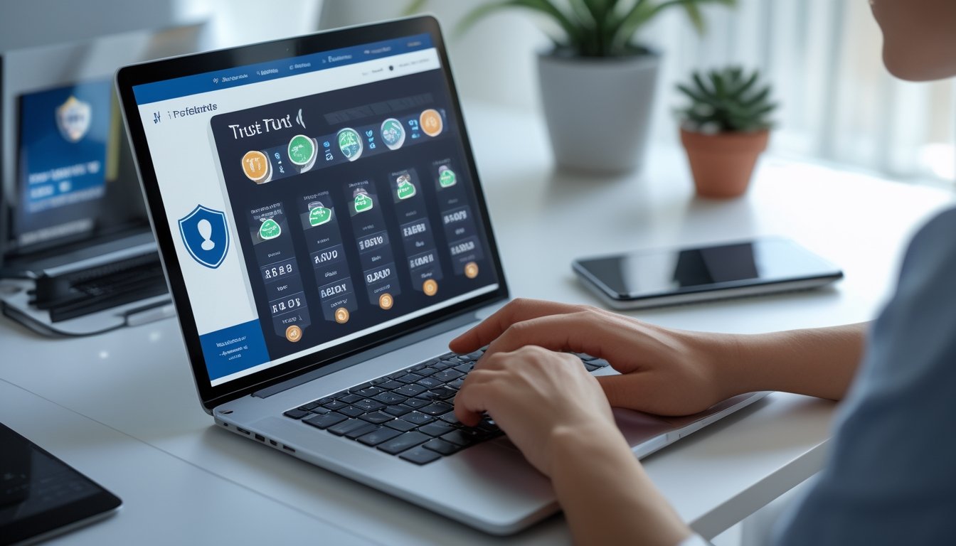 Seorang pengguna sedang bermain togel online di laptop dan smartphone di meja kerja yang rapi dan terang.