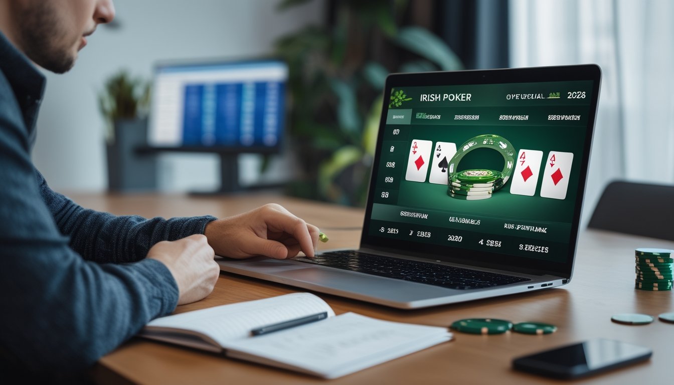 Seorang individu sedang mengelola uang sambil bermain poker online di depan laptop dengan kartu dan chip poker di meja.