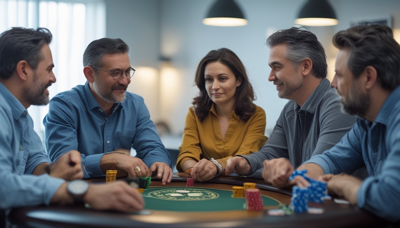 Empat orang dewasa duduk mengelilingi meja poker dengan ekspresi serius dan fokus, satu pemain tersenyum percaya diri seolah-olah sedang berbohong kepada lawan.