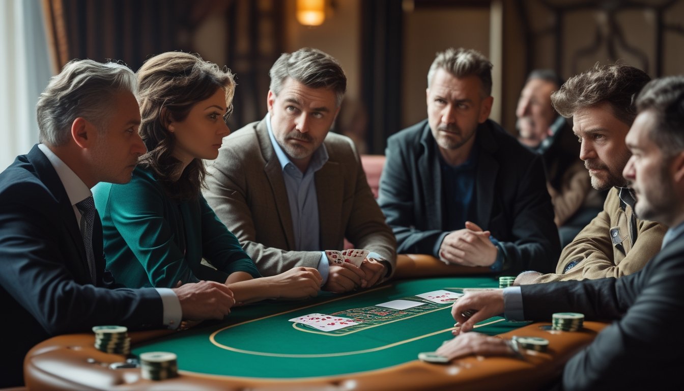 Sekelompok orang bermain poker di meja, satu pemain tampak menyampaikan ekspresi percaya diri sementara yang lain memperhatikan dengan serius.