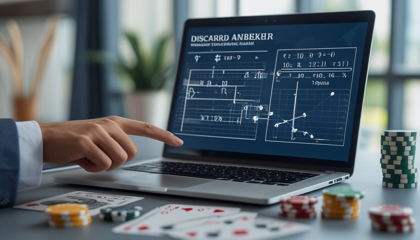 Seorang individu sedang menganalisis peluang menang dalam permainan poker menggunakan laptop dengan kartu dan chip poker di meja.